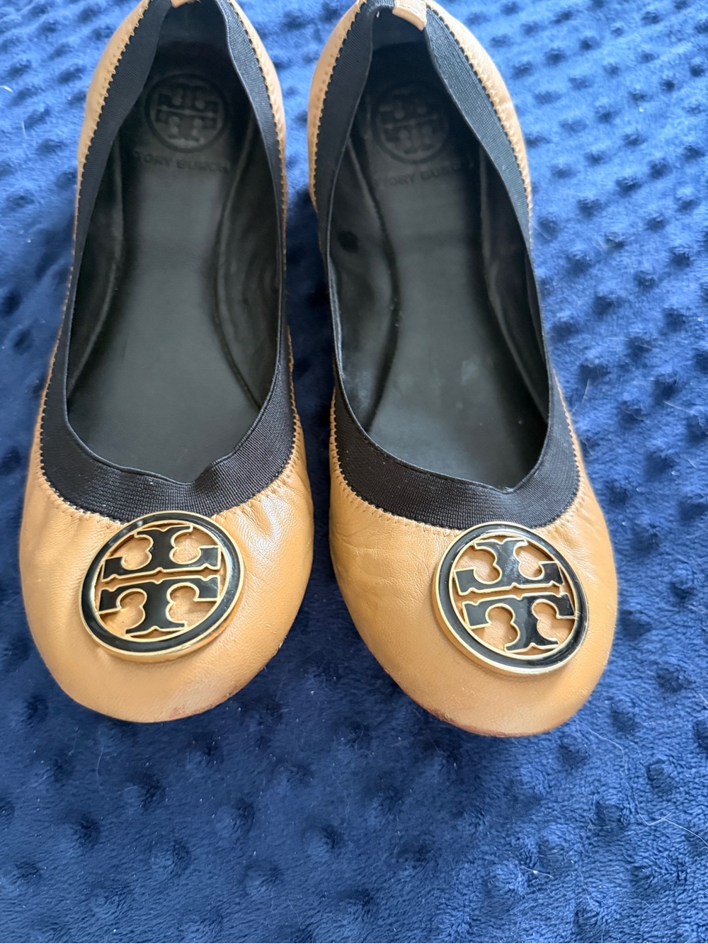 Tory Burch Camel Leather Logo Ballet Flats with Black Trim